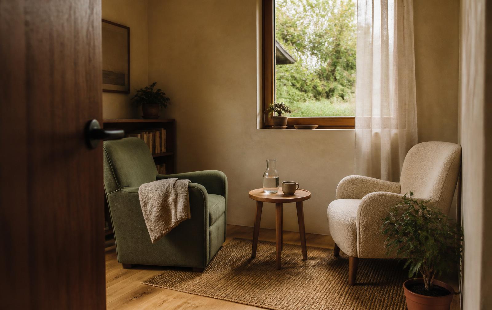 Rustige praktijkruimte met twee stoelen en zacht daglicht